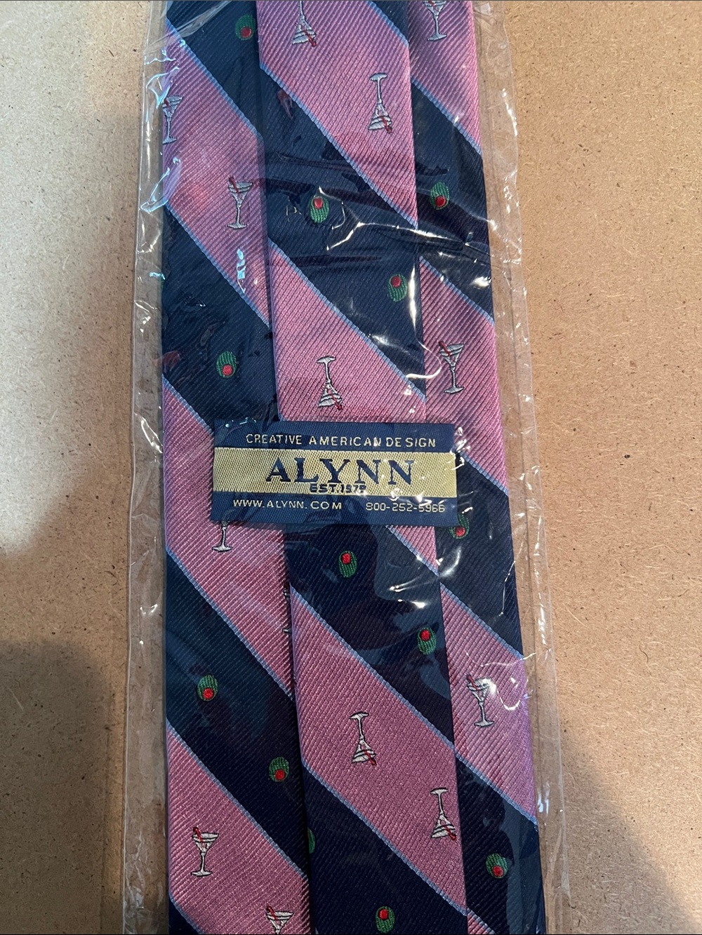 ALYNN Pink and Navy Striped Tie with Cocktail Motif